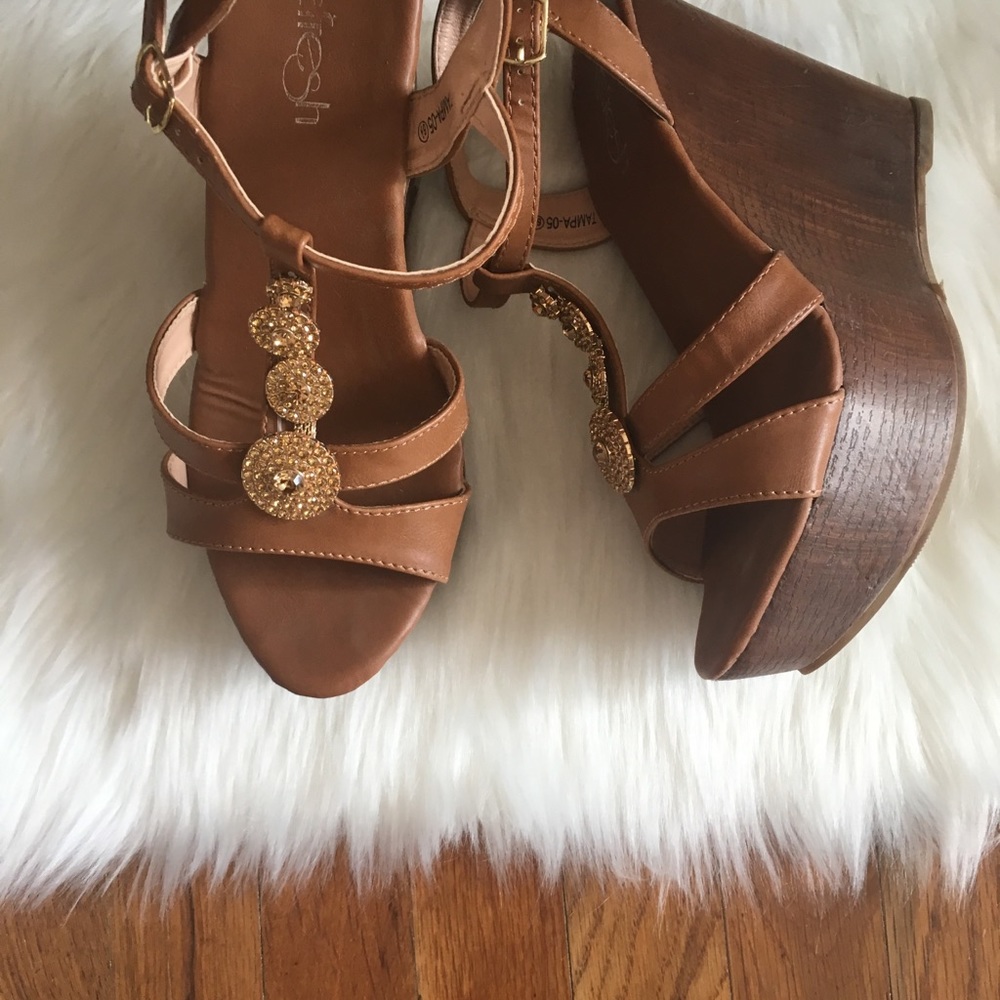 Refresh Tan Ankle Strap Platform Heels with Jewels
